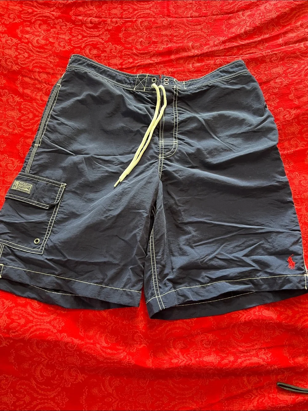 Polo Ralph Lauren Men’s M Navy Swim Trunks Board Shorts Cargo Red Pony